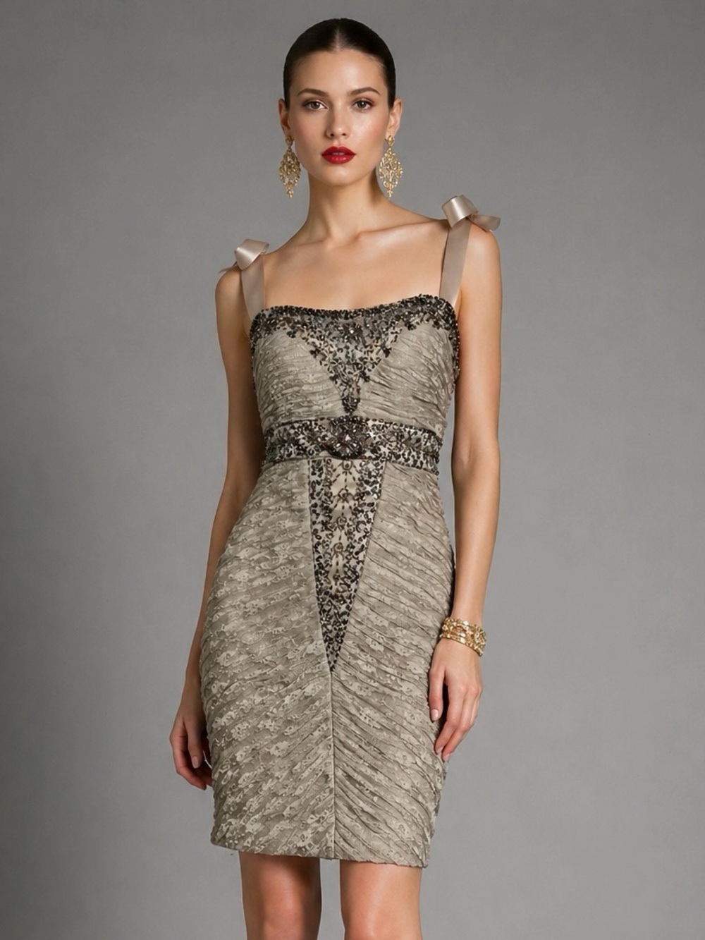 Sue Wong Nocturne Beige Beaded Sheath Dress XS Fairycore Evening Party Cocktail